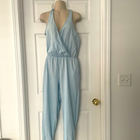 Mimi Chica Pants - Light Blue Halter Jumpsuit With Pockets
